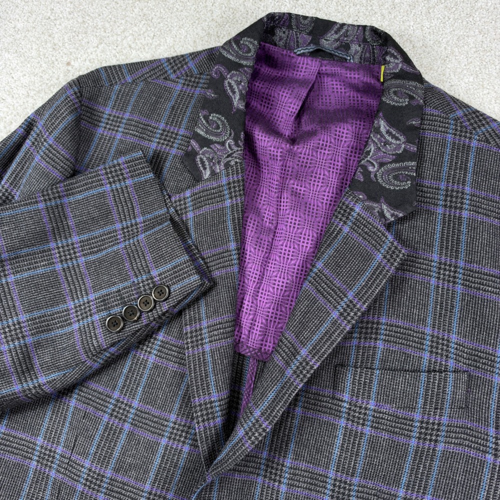 Robert Graham Blazer Mens 42 Grey Purple Plaid Virgin Wool Paisley Collar Jacket